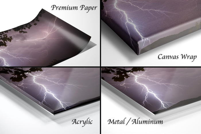The image is a collage of four photos depicting different types of materials used for canvas wraps, including premium paper, acrylic, metal, and aluminum.