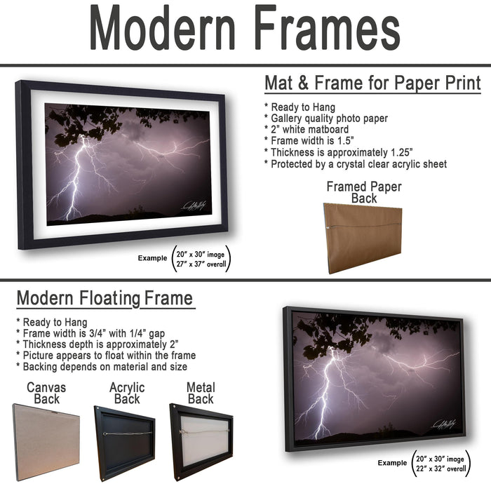 The image is a collage of two framed pictures, one of a lightning storm and the other of a lightning bolt. The framed picture is a mat and frame for a paper print, while the other is a modern floating frame.