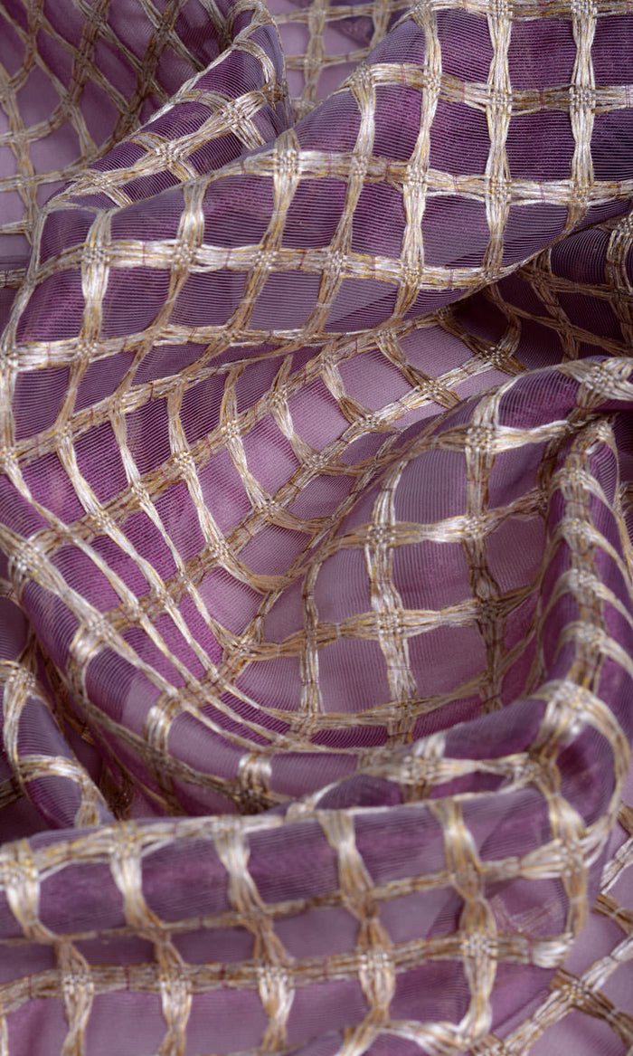 Embroidered Check Sheer Drapes for Living, Bedroom, Kitchen, Bathroom (Purple and Gold)