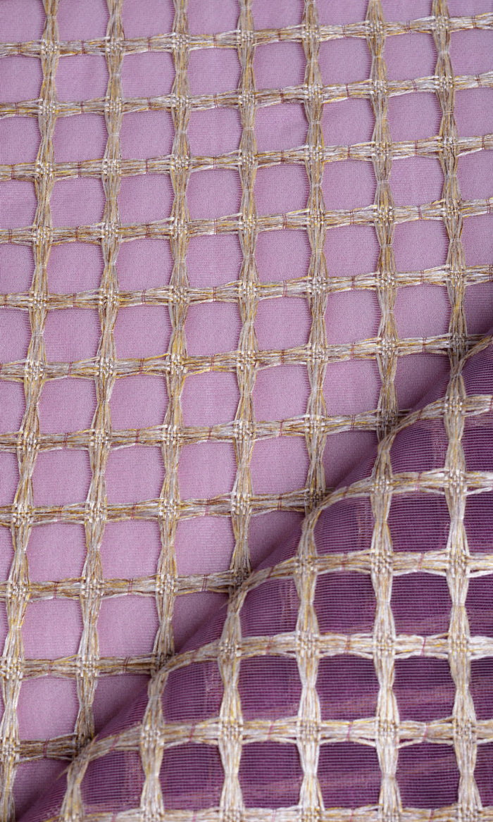 Embroidered Check Sheer Pinch Pleat, Rod Pocket, Eyelet Curtains (Purple and Gold)