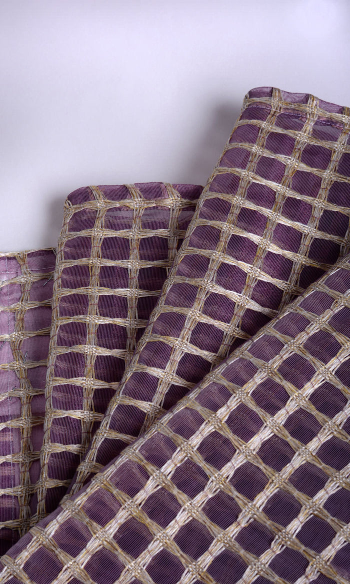 Embroidered Check Sheer Drapes (Purple and Gold) Extra Long Short Wide