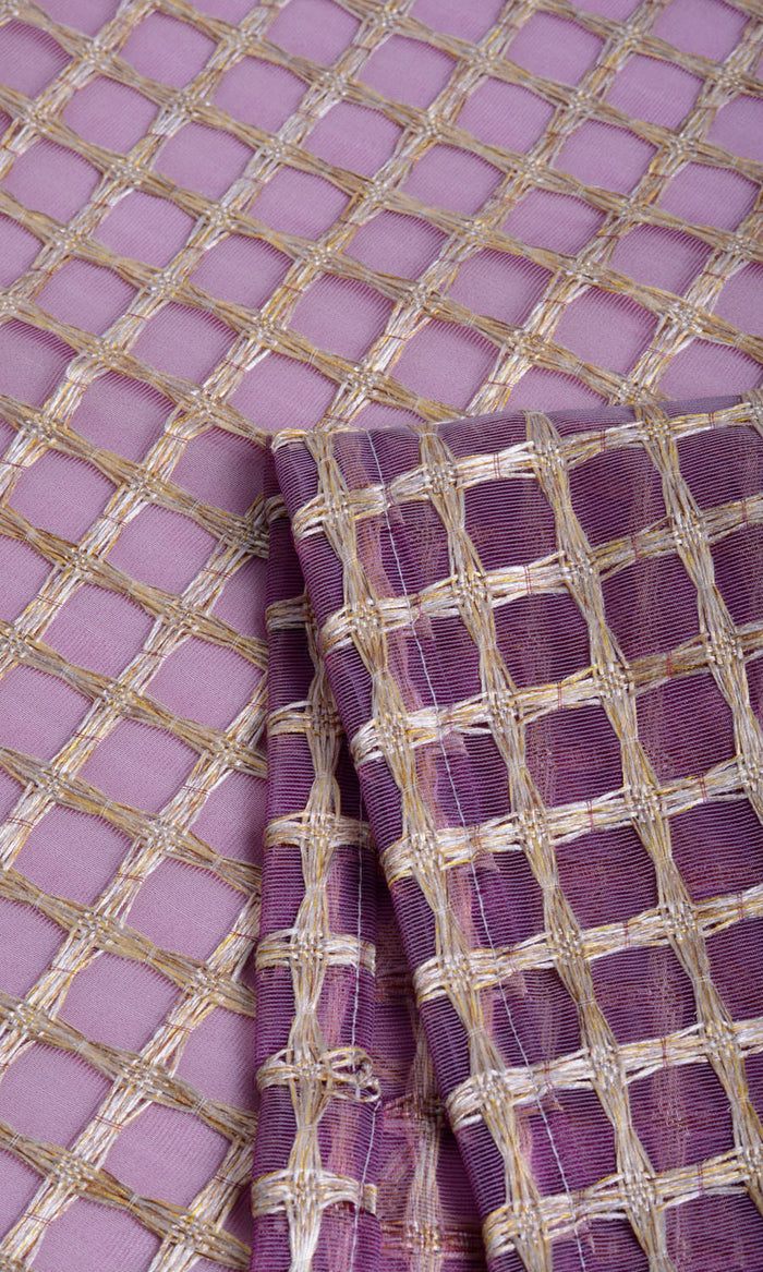 Embroidered Check Sheer Curtains / Drapes / Window Drapery Panels (Purple and Gold)