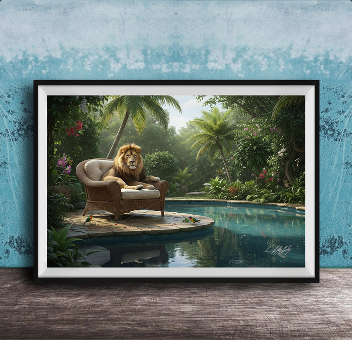 A framed image depicting a lion sitting in a chair on a wooden platform, overlooking a tranquil pool surrounded by lush greenery and palm trees.
