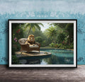 A framed image depicting a lion sitting in a chair on a wooden platform, overlooking a tranquil pool surrounded by lush greenery and palm trees.