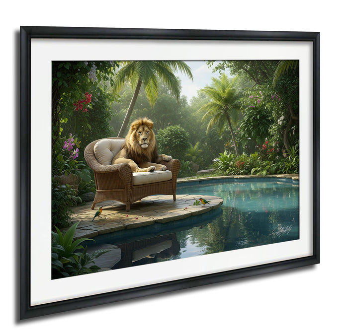 A lion sits on a wicker chair in a lush, tropical garden, with a body of water and palm trees in the background.