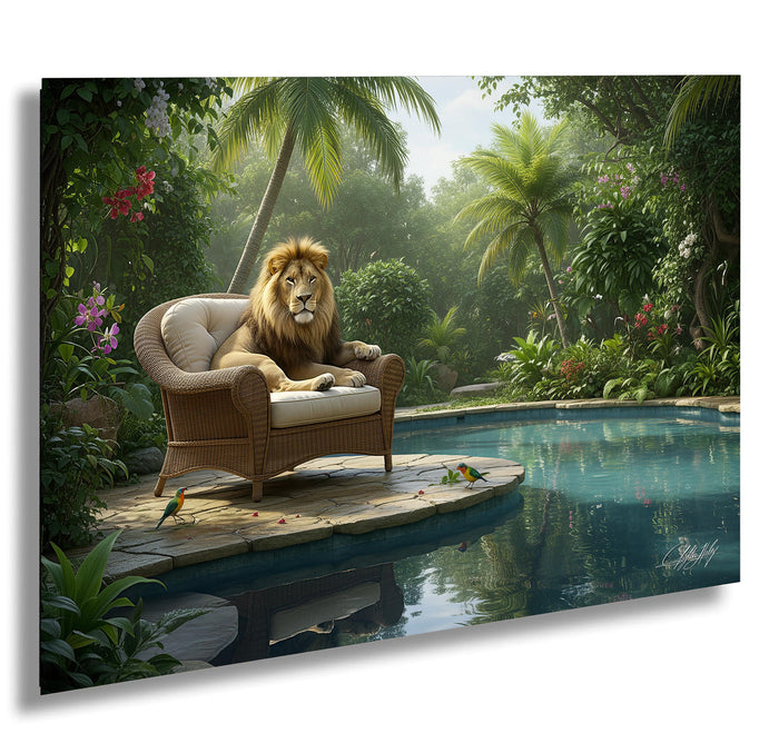 A majestic lion sits on a wicker chair in a lush, tropical garden, surrounded by vibrant flowers, palm trees, and a tranquil pool.