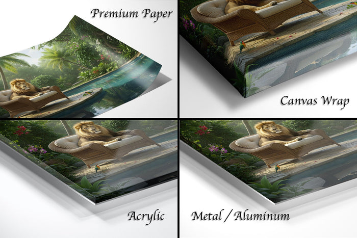The image is a collage of four different images, each depicting a lion sitting on a chair in a natural setting. The images are labeled as "Premium Paper", "Canvas Wrap", "Acrylic", and "Metal/Aluminum".