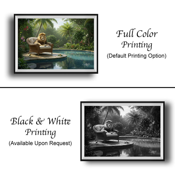 The image is a collage of two framed pictures. The top picture is a full color print of a lion sitting on a chair in a jungle setting, while the bottom picture is a black and white print of the same lion sitting on a chair in a similar jungle setting.