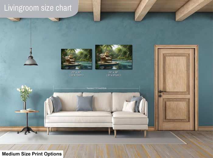 a living room with a white sofa, a wooden door, and a painting of a tropical scene above the sofa.