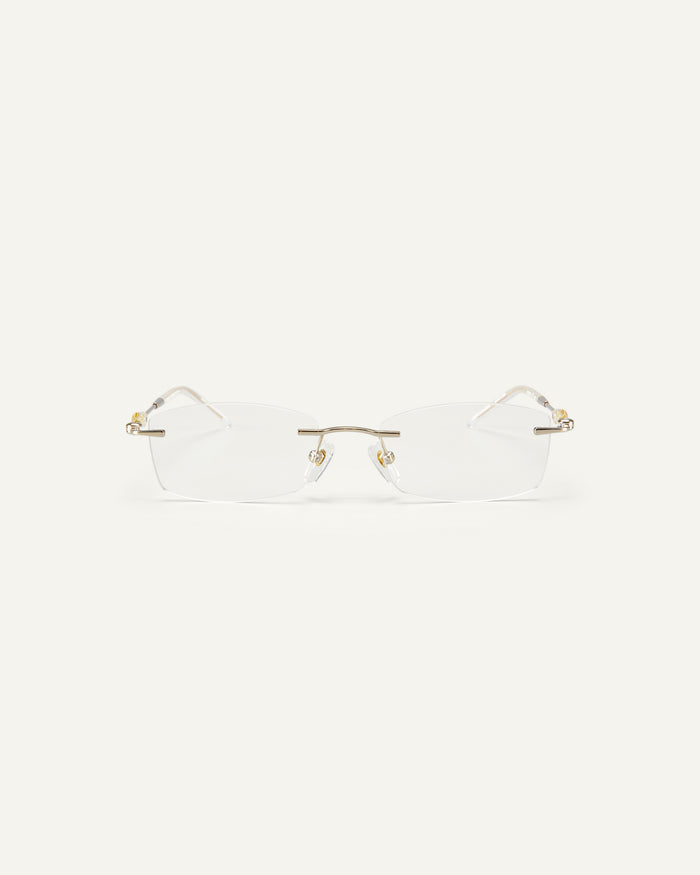 Face shot of Bonnie Clyde Lisp optical frames in transparent yellow.