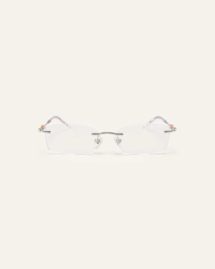 Face shot of Bonnie Clyde Lisp optical frames in pink.