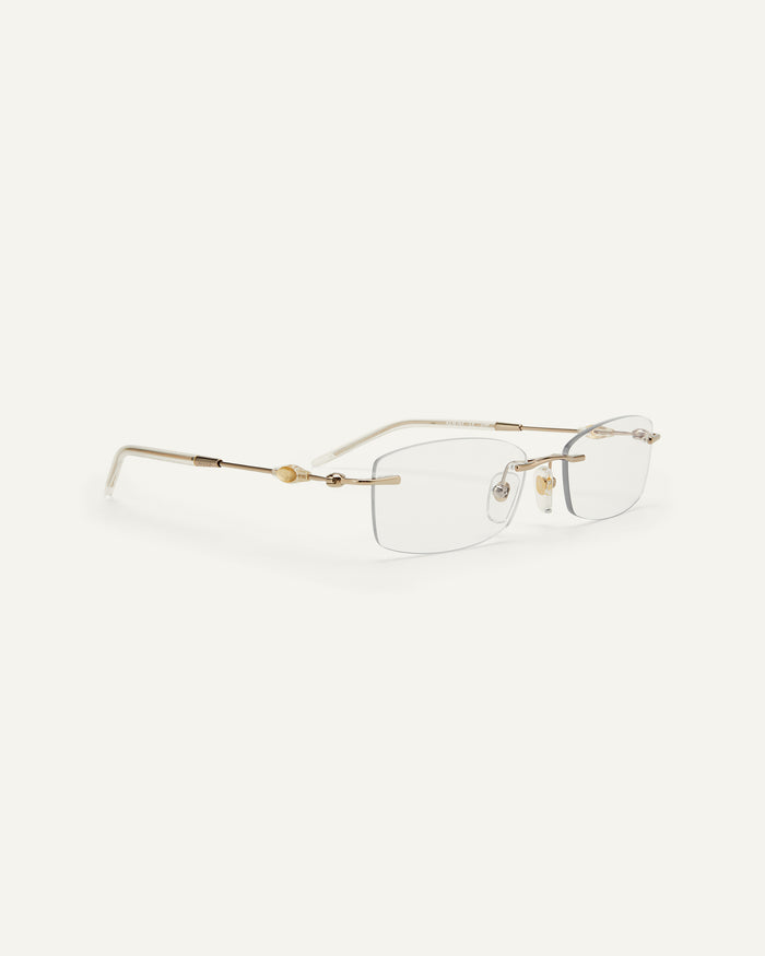 Quarter shot of Bonnie Clyde Lisp optical frames in transparent yellow.