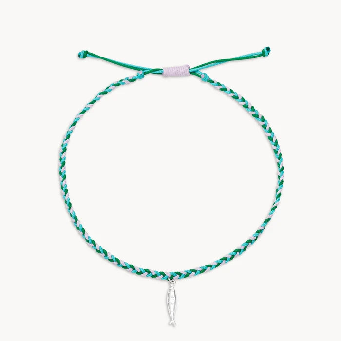 silver little fish cord anklet on white background