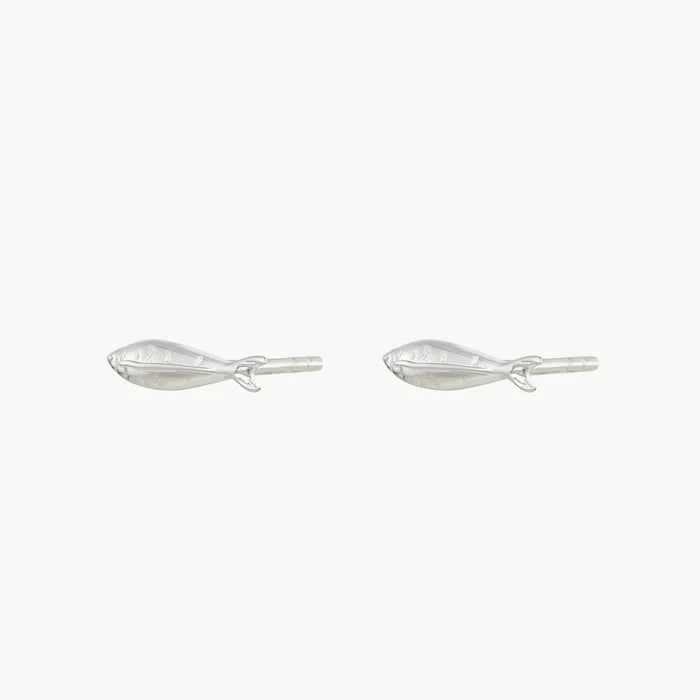 Little Fish Silver Stud Earrings in sterling silver, alternate angle detail view