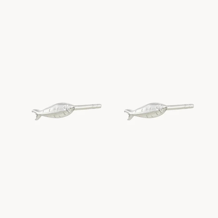 Little Fish Silver Stud Earrings in sterling silver, alternate angle detail view 2