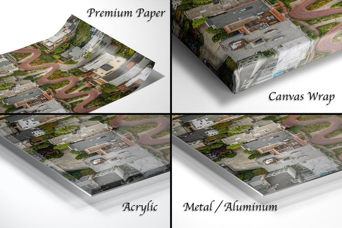 The image is a collage of four different types of print materials, including premium paper, canvas wrap, acrylic, and metal/aluminum.