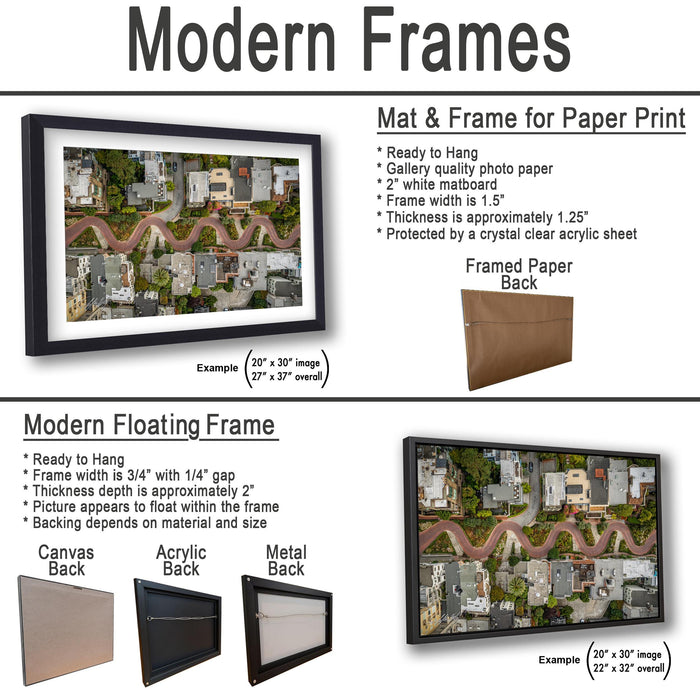 The image is a collage of three framed artworks, each with different frame types and backings. The first frame is a mat and frame for a paper print, the second frame is a modern floating frame, and the third frame is a mat and frame for a printed back.