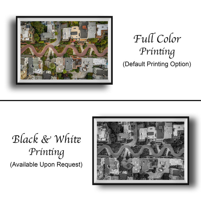 The image is a collage of two framed pictures. The top picture is a full color aerial view of a city, while the bottom picture is a black and white aerial view of the same city. The text below the pictures indicates that the full color printing is available upon request, and the black and white version is not.