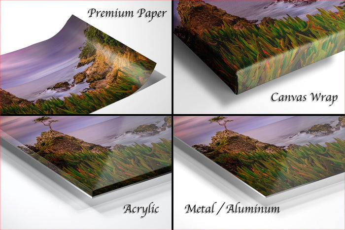 The image is a collage of four different views of a landscape photograph, including a premium paper print, a canvas wrap, an acrylic print, and a metal/aluminum print.