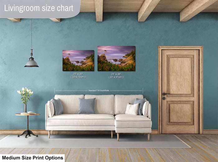 a living room with a white sofa, a wooden door, and a painting of a landscape on the wall. The living room appears to be well-decorated and spacious.