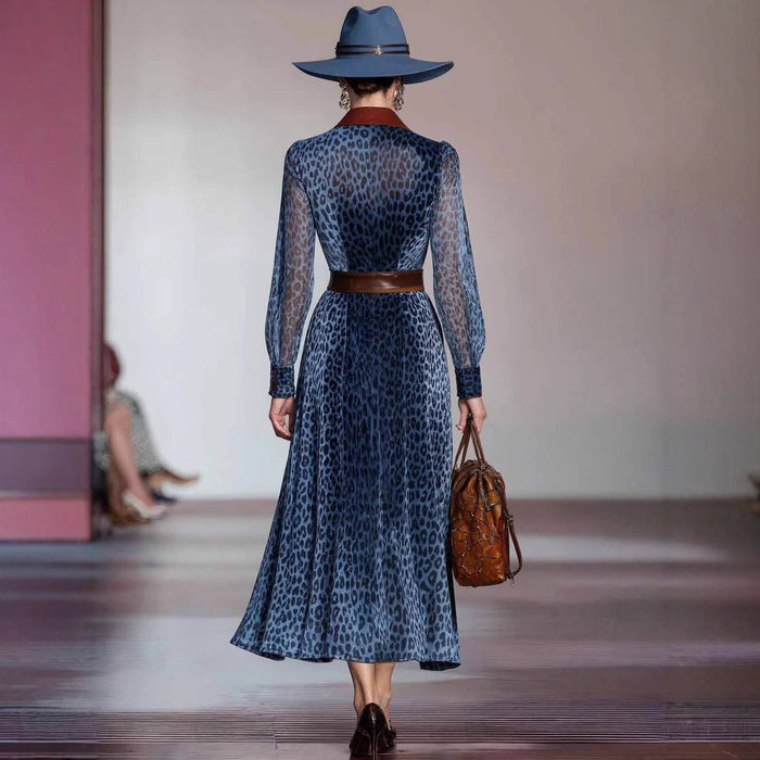 Long Sleeve Leopard Print Belted Dress