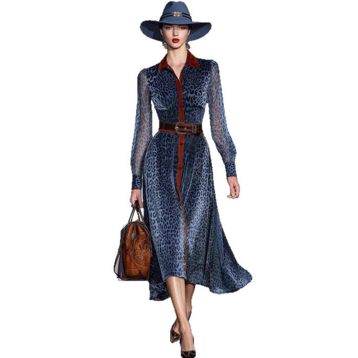 Long Sleeve Leopard Print Belted Dress