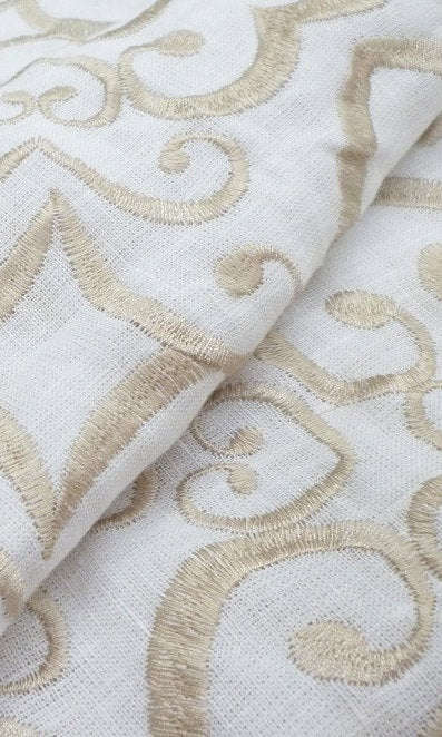 Floral Embroidered Linen Drapery for Living, Bedroom, Kitchen, Bathroom (White/ Ivory)