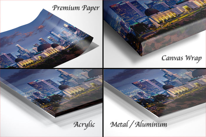 The image is a collage of four photos depicting a city skyline at night, with the city lights illuminating the buildings.