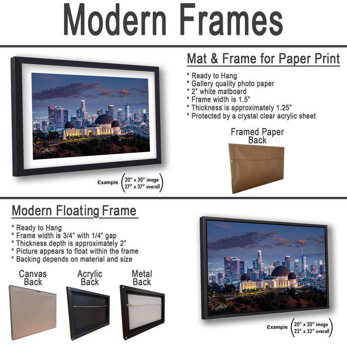The image is a collage of two framed pictures, one of a city skyline and the other of a cityscape. The framed pictures are described as modern floating frames, which are ready to hang and have a frame width of 3/4" with a 1/4" gap. The frame for the city skyline has a thickness of approximately 1.25" and is protected by a crystal clear acrylic sheet. The framed picture for the cityscape has a thickness of approximately 1.25" and is also protected by a crystal clear acrylic sheet.