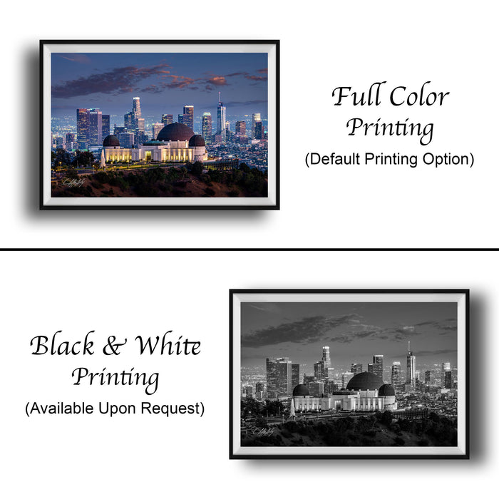 The image is a collage of two framed pictures. The top picture is a full-color print of a city skyline at night, while the bottom picture is a black and white print of the same city skyline. Both pictures are framed and available upon request.