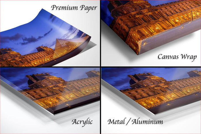 The image is a collage of four photos depicting the Louvre Museum in Paris, France, with three of the photos appearing to be printed on canvas wraps and the fourth photo being an acrylic print.