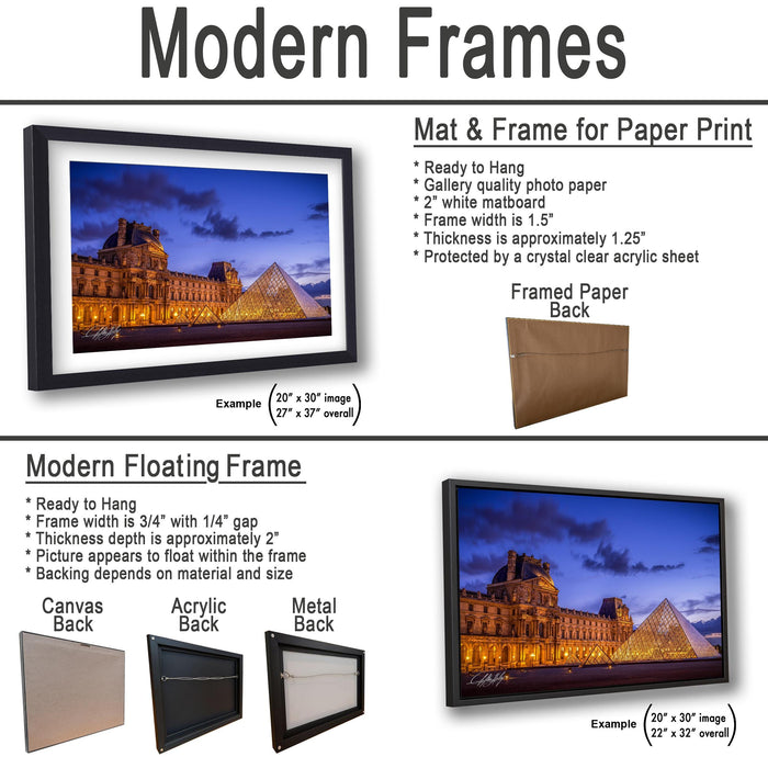 The image is a collage of two framed pictures, one of a modern floating frame and the other of a mat and frame for paper print. The collage features a modern floating frame and a mat and frame for paper print, both showcasing the same image of a building at night.