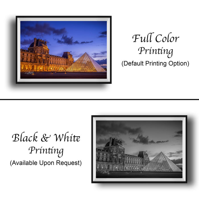 The image is a collage of two framed pictures. The top picture is a full color print of the Louvre Museum in Paris, France, with the iconic glass pyramid structure illuminated at night. The bottom picture is a black and white print of the same Louvre Museum, with the same glass pyramid structure visible. Both pictures are framed and displayed side by side, showcasing the same landmark.