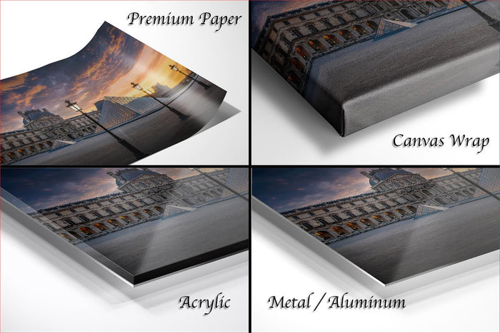 The image is a collage of four photos depicting a sunset over a building, with each photo labeled as either "Premium Paper", "Canvas Wrap", "Acrylic", or "Metal/Aluminum".