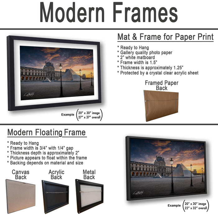 The image is a collage of three framed artworks, each depicting a different scene. The first frame shows a building at sunset, the second frame features a cityscape, and the third frame depicts a street scene. The artworks are framed in various materials, including acrylic, metal, and canvas, and are designed to hang on walls.