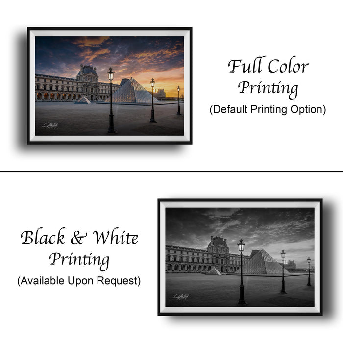 The image is a collage of two framed photographs. The top photograph is a full color print of a building at sunset, while the bottom photograph is a black and white print of the same building. Both photographs are framed and available upon request.