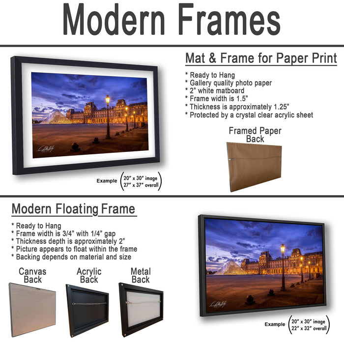 The image is a collage of two framed pictures, one of a cityscape at night and the other of a cityscape at sunset. The collage features a modern floating frame and a mat and frame for paper print.