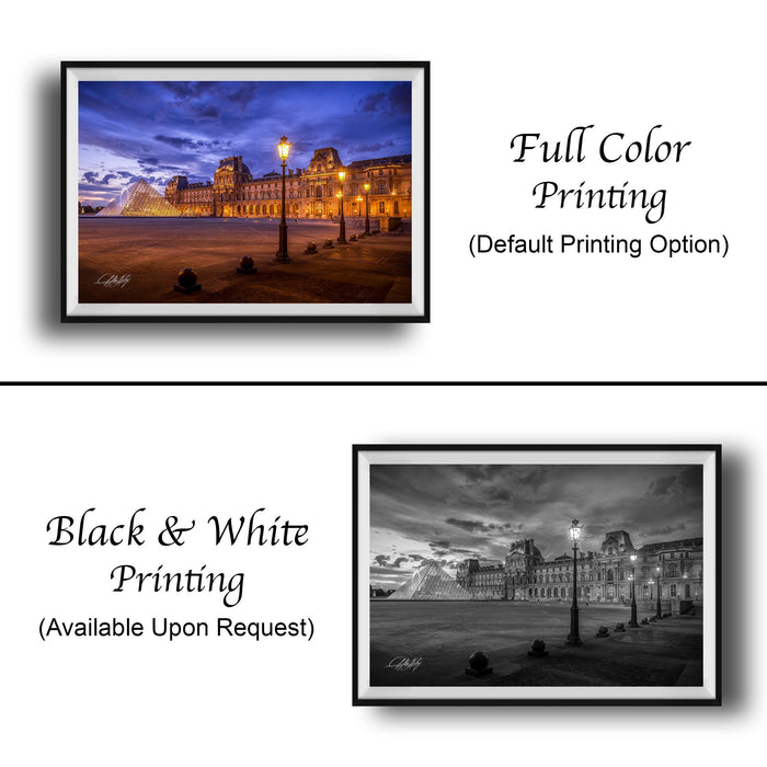 The image is a collage of two framed pictures. The top picture is a full-color print of a cityscape at night, while the bottom picture is a black and white print of the same cityscape. Both pictures are framed and available upon request.