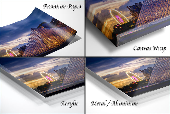 four different views of a cityscape at sunset, with the city's skyline and various structures illuminated by the warm glow of the setting sun.