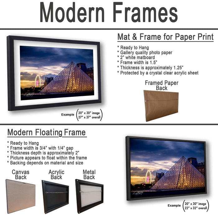 The image is a collage of two framed pictures, one of a modern floating frame and the other of a mat and frame for paper print. The collage features a modern floating frame and a mat and frame for paper print, both showcasing the frames' unique features.