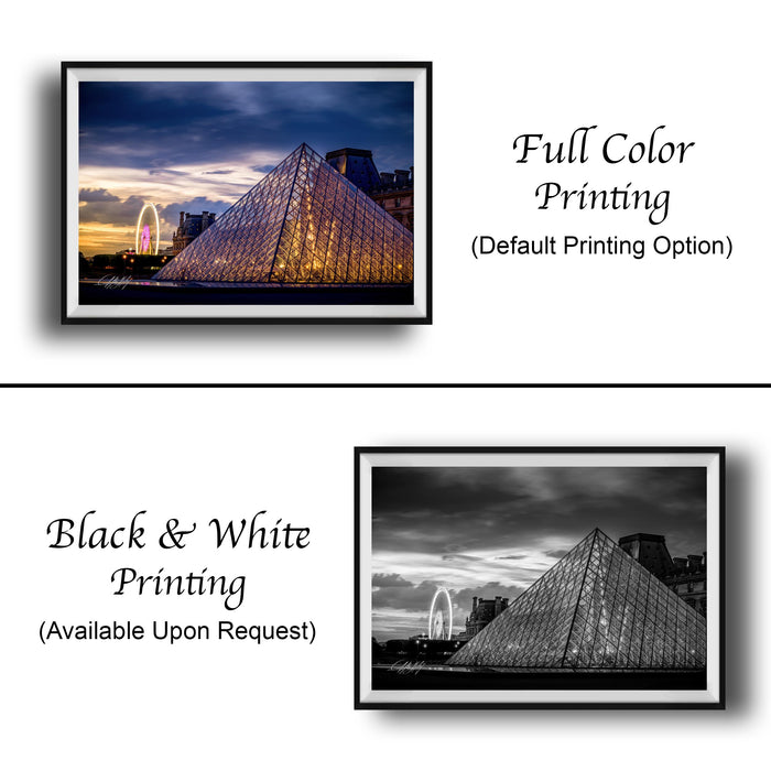 The image is a collage of two photographs. The top photograph is a black and white image of the Louvre Museum in Paris, France, with a large pyramid structure in the background. The bottom photograph is a full color image of the same Louvre Museum, with the pyramid structure in the background also in color. The text below the images indicates that the full color printing is the default option, and the black and white version is available upon request.
