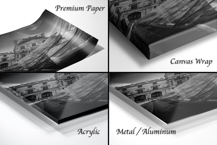 The image is a collage of four different images, each depicting a building, with labels indicating the type of material used to print the artwork.