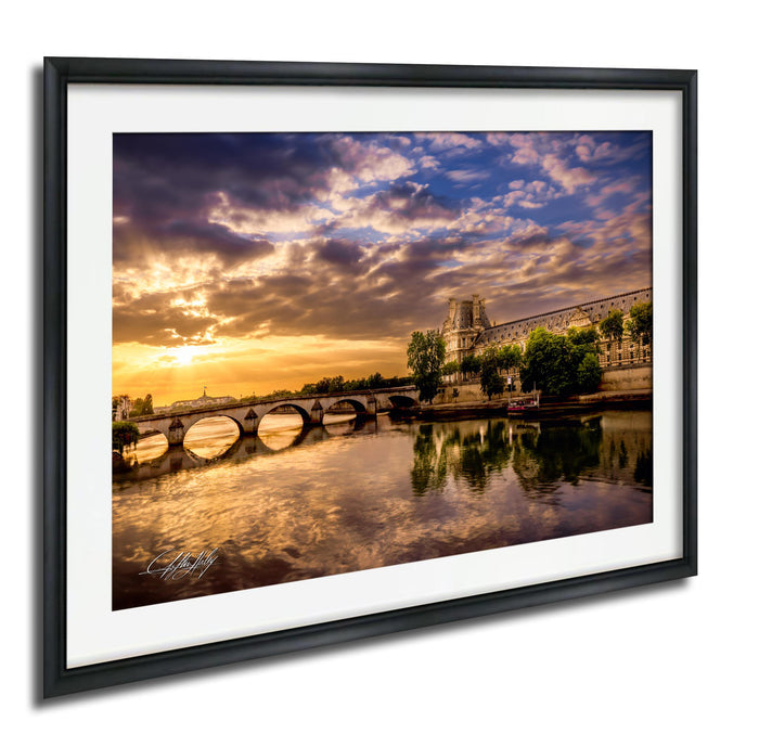 a picturesque scene of a bridge spanning a river, with the sun setting in the background, creating a beautiful reflection on the water's surface.