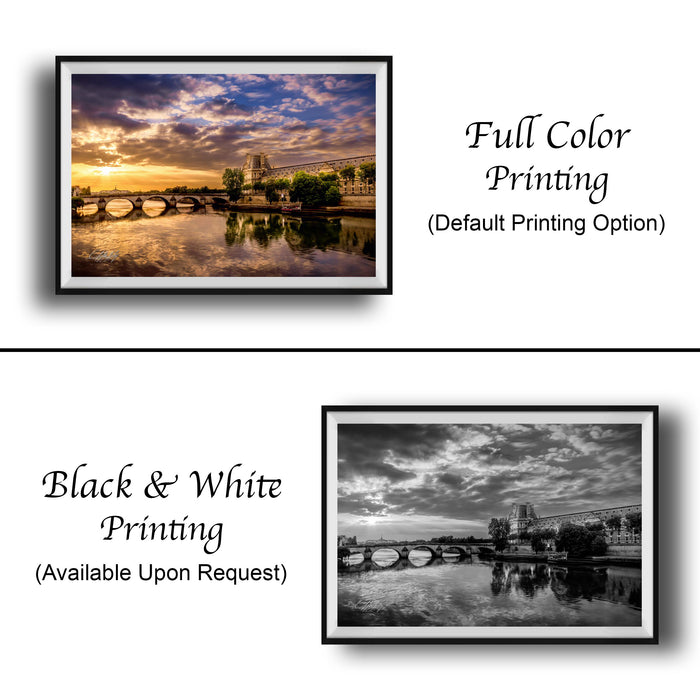 The image is a collage of two framed pictures. The top picture is a full color print of a scenic landscape with a bridge, while the bottom picture is a black and white print of the same landscape. Both pictures are framed and available upon request.