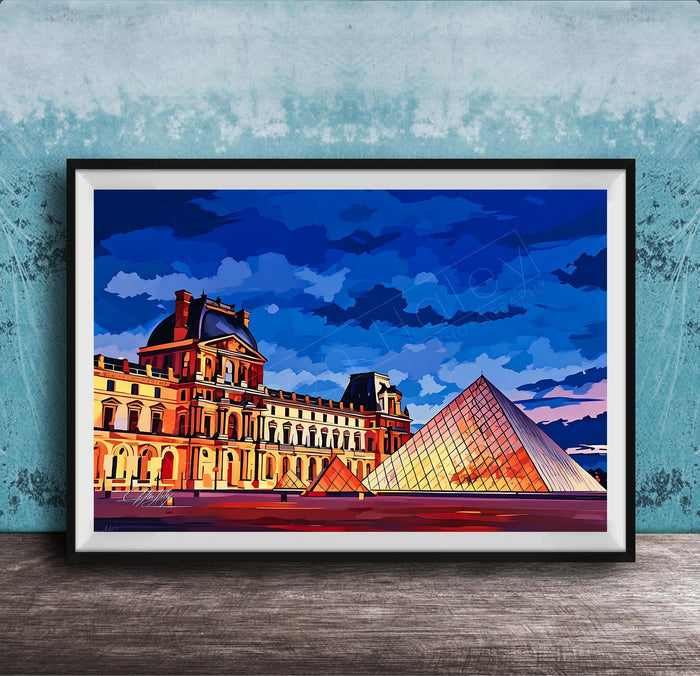 A framed painting depicting the Louvre Museum in Paris, France, with the iconic glass pyramid structure prominently featured against a colorful sky.