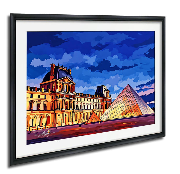a large, ornate building with a dome and a pyramid-shaped structure in the foreground, set against a cloudy blue sky.