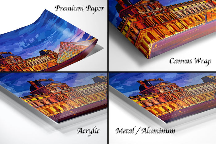 Louvre Pyramid Watercolor | Paris Travel Poster – Sunset Cityscape Wall Decor