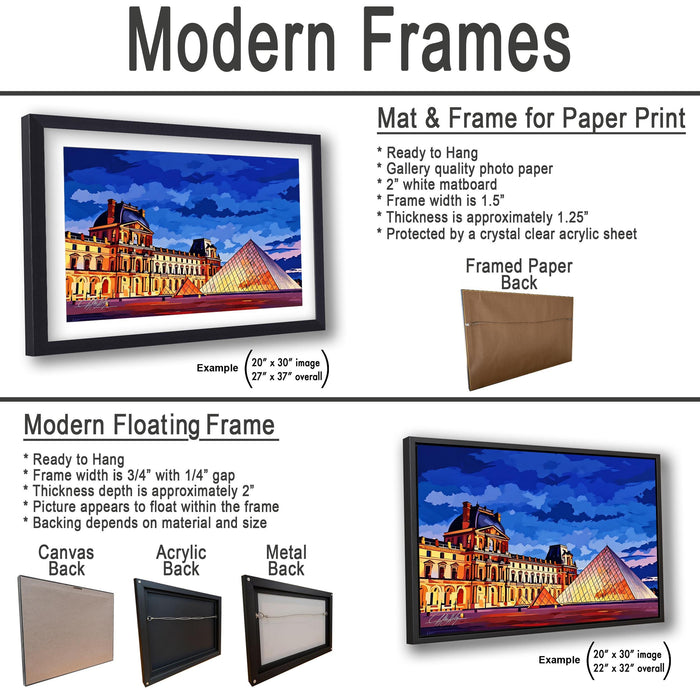 The image is a collage of two framed pictures, one of a modern floating frame and the other of a mat and frame for paper print. The collage features images of a building and a crystal clear acrylic sheet.
