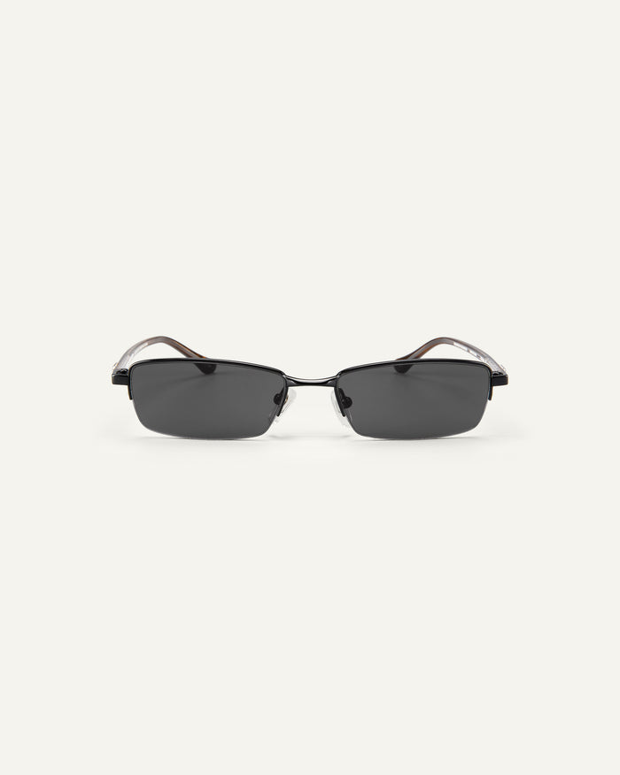 Face shot of Bonnie Clyde Lucky Star sunglasses in black with black lenses.