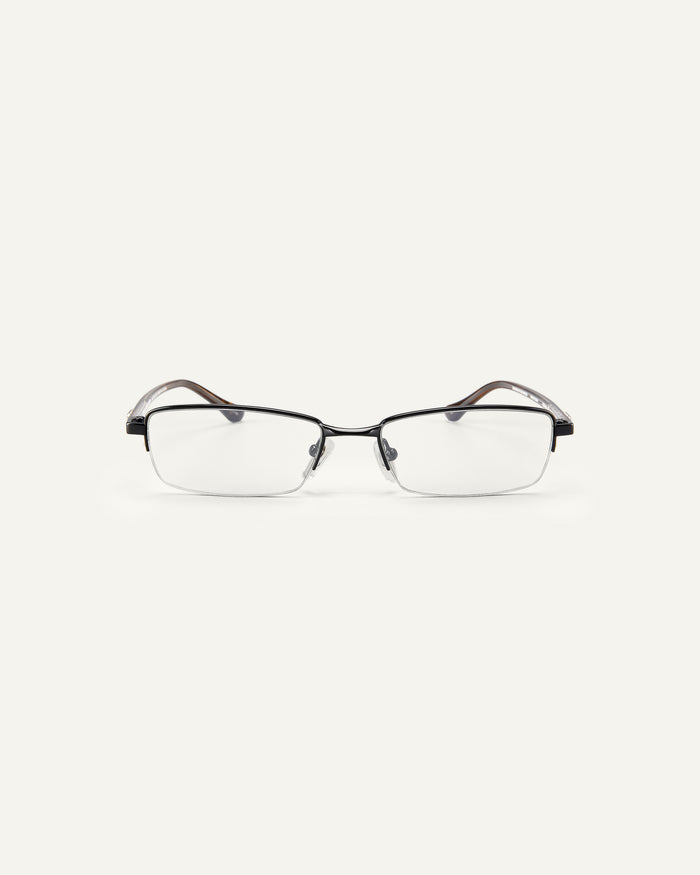 Face shot of Bonnie Clyde Lucky Star optical frames in black with clear lenses.